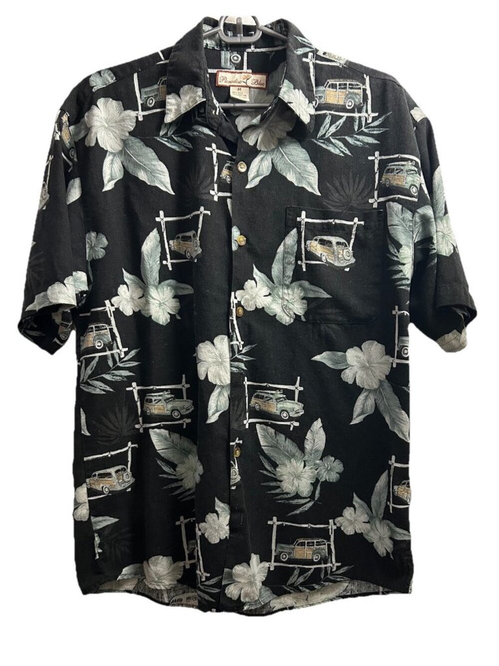 Paradise Blue Woody Wagon Aloha Men’s Shirt Size Medium